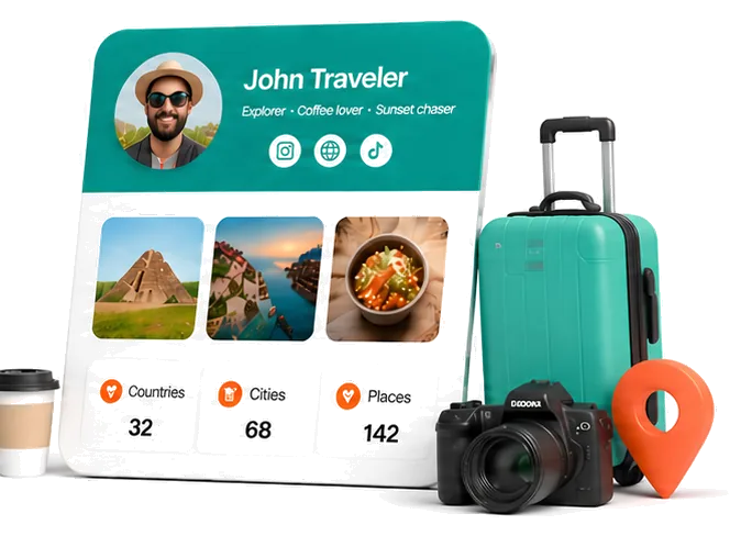 Reizigersprofiel in Tourist.com met bezochte landen, steden en plekken