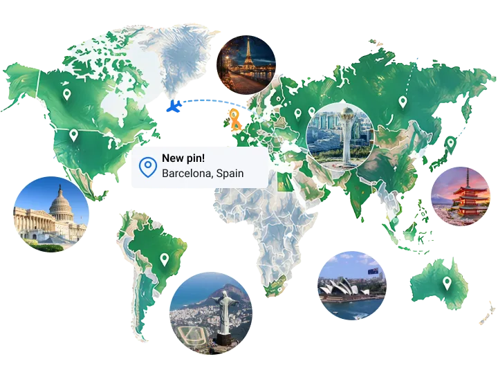 Wereldkaart van Tourist.com met bestemmingen en een nieuwe pin in Barcelona