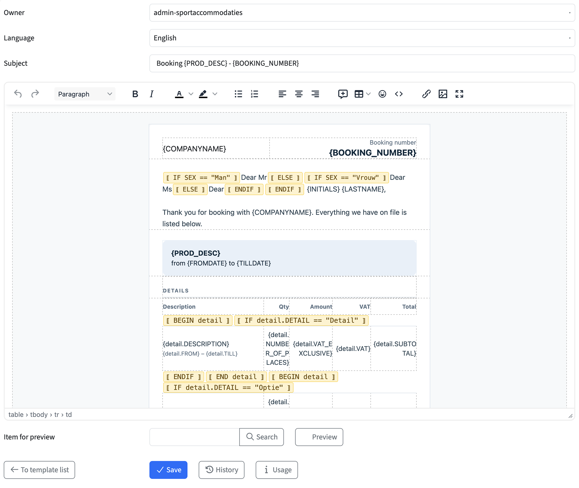 Template-editor in i-Reserve met een bevestigingsmail
