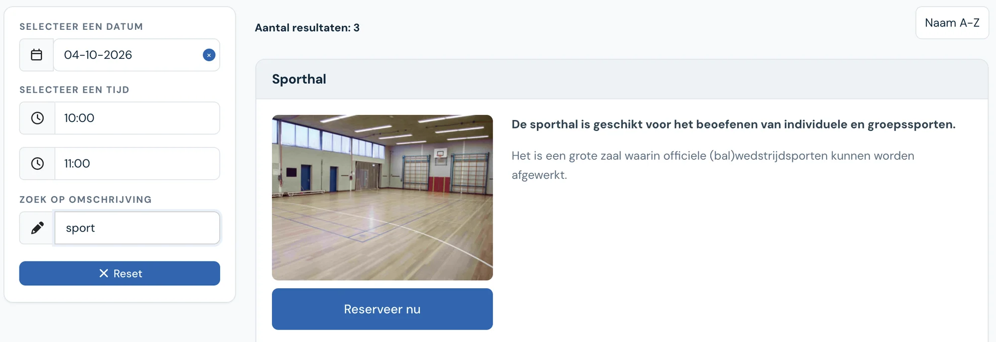 Reserveerdialoog van de demo voor multifunctionele ruimtes